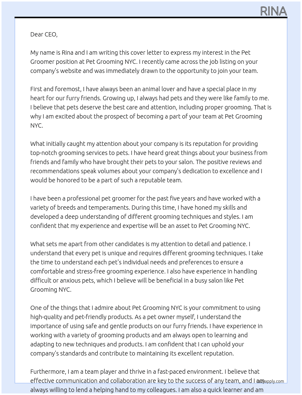 Pet groomer At Pet grooming NYC Cover Letter
