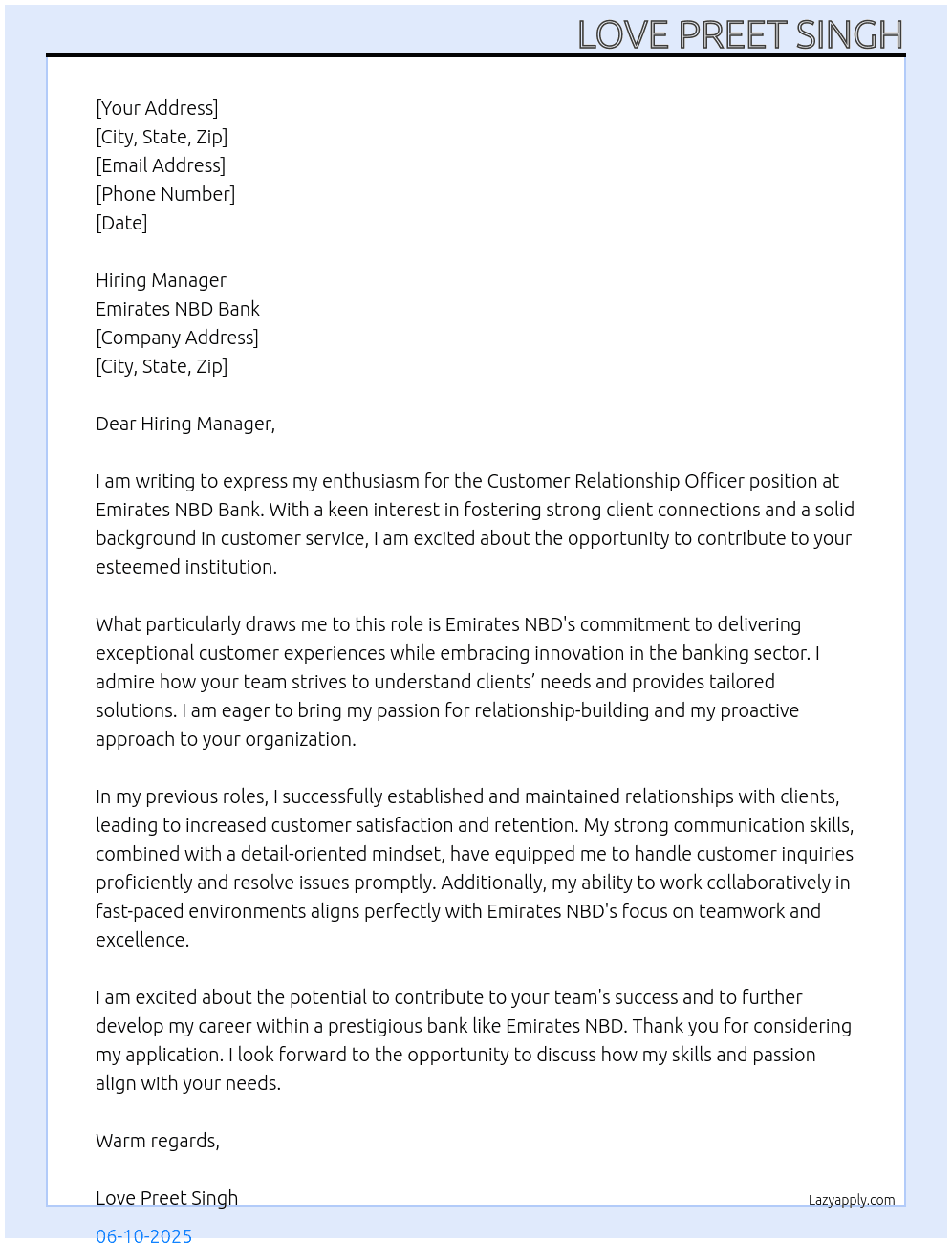 Cover letter for customer relationship officer - LazyApply
