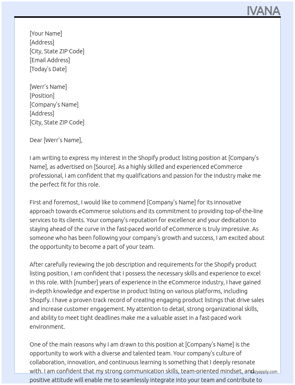 Shopify product listing  At googl Cover Letter