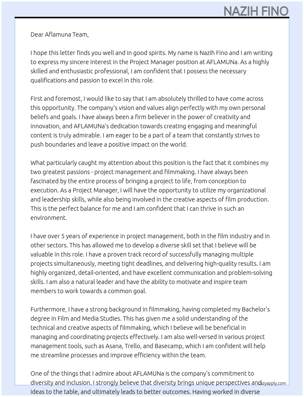 Project Manager At AFLAMUNa Cover Letter
