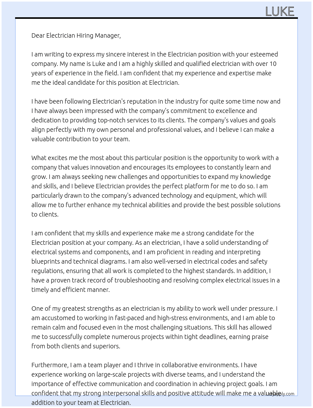 Electrician  At Electrician  Cover Letter
