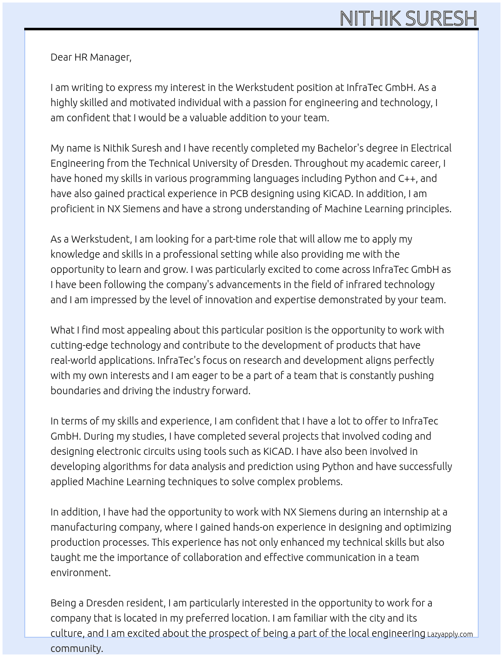 Werkstudent At InfraTec GmbH Cover Letter