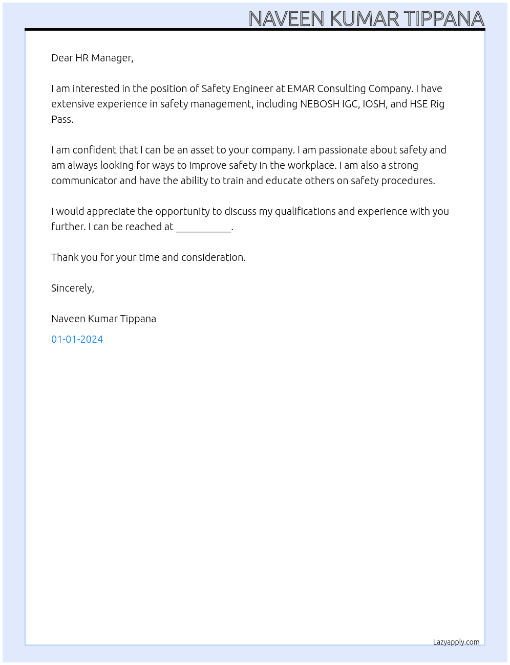 Safety Engineer At EMAR Consulting Company Cover Letter
