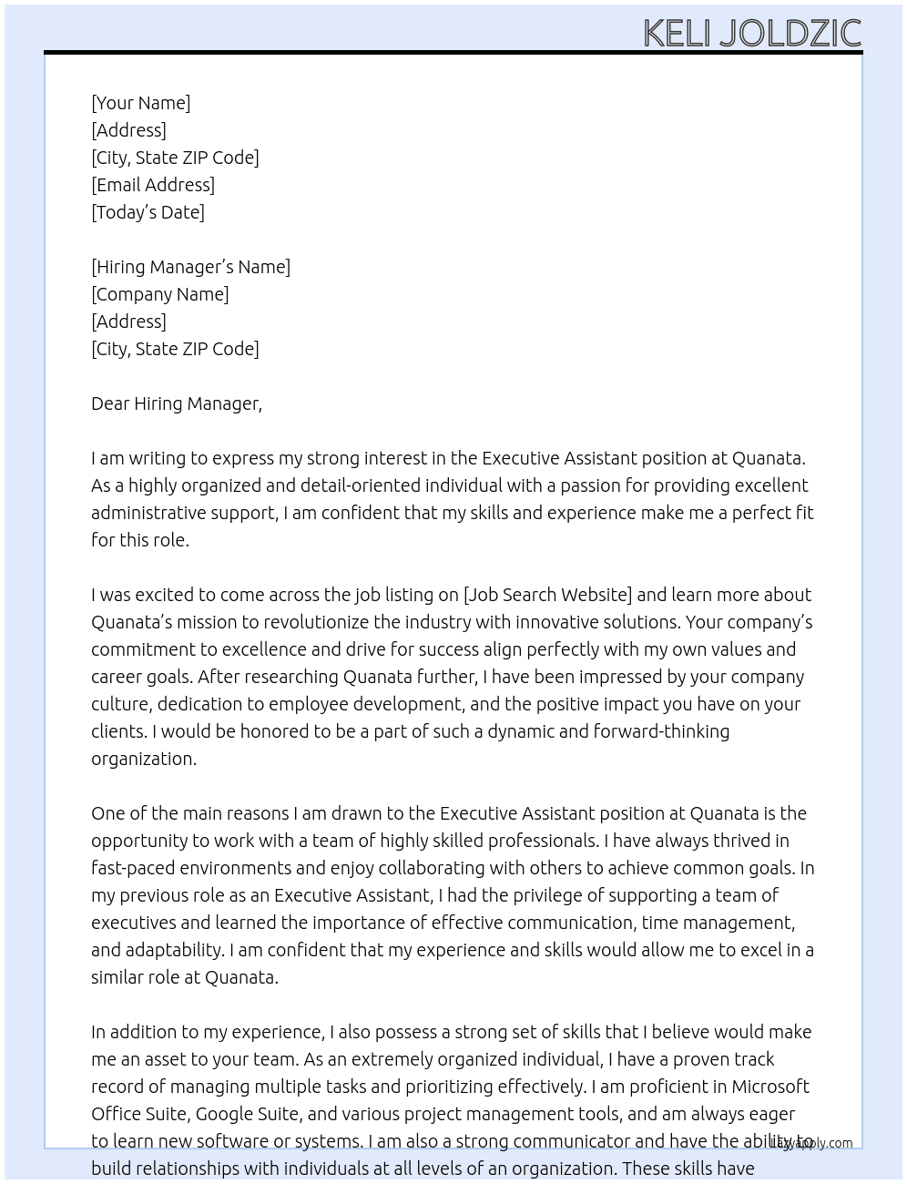 Executive Assistant At Quanata Cover Letter