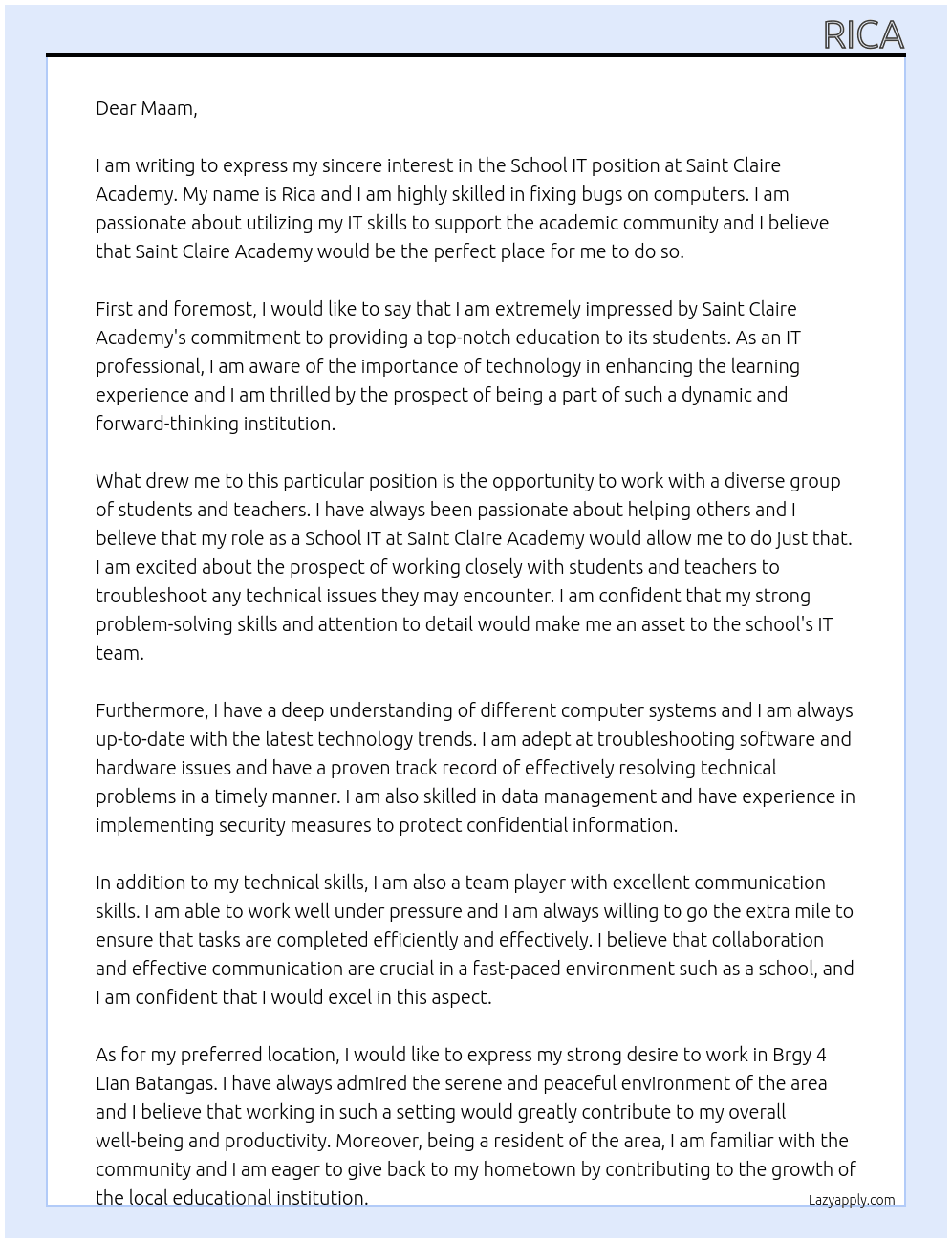 School IT At Saint Claire Academy  Cover Letter