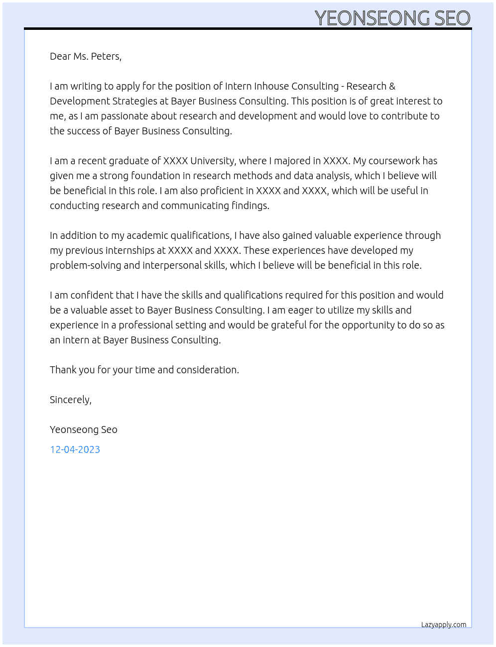Intern Inhouse Consulting - Research & Development Strategies At Bayer Business Consulting Cover Letter