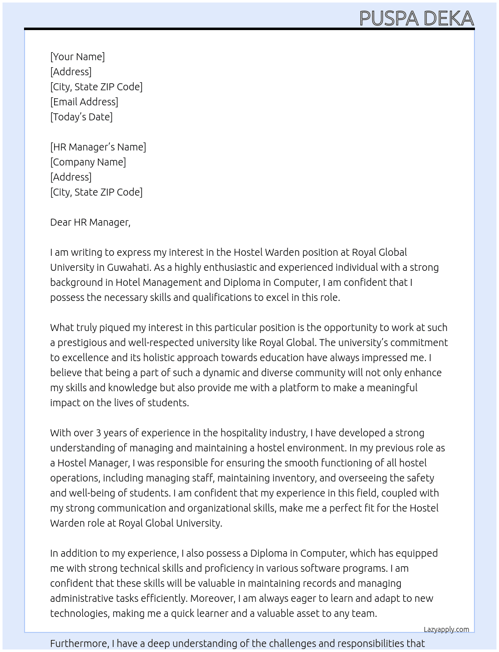 Hostel Warden (University) At Royal Global University, Guwahati Cover Letter