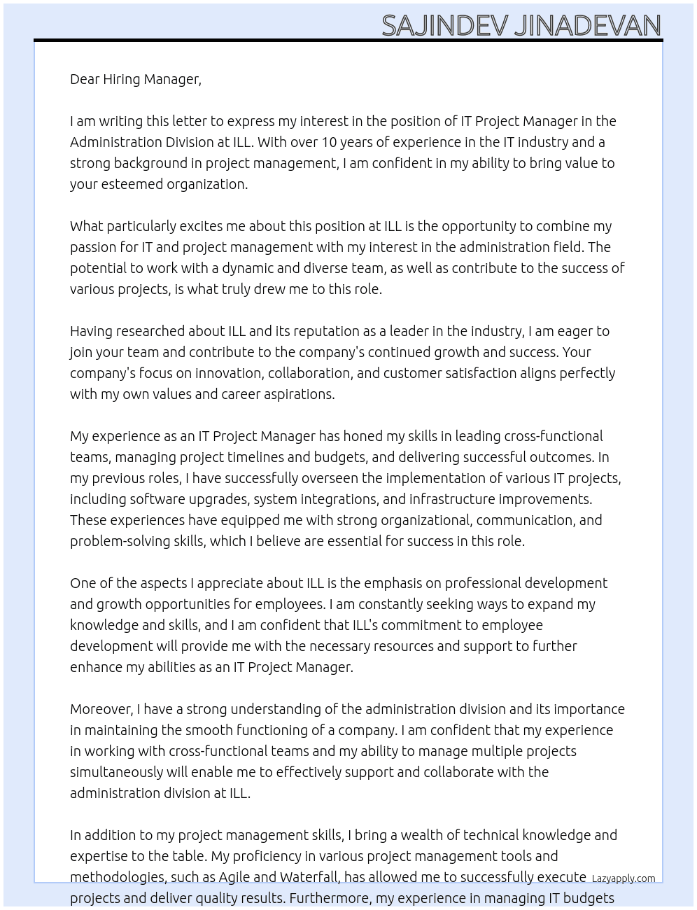 IT project manager: Administration Division At ILL Cover Letter