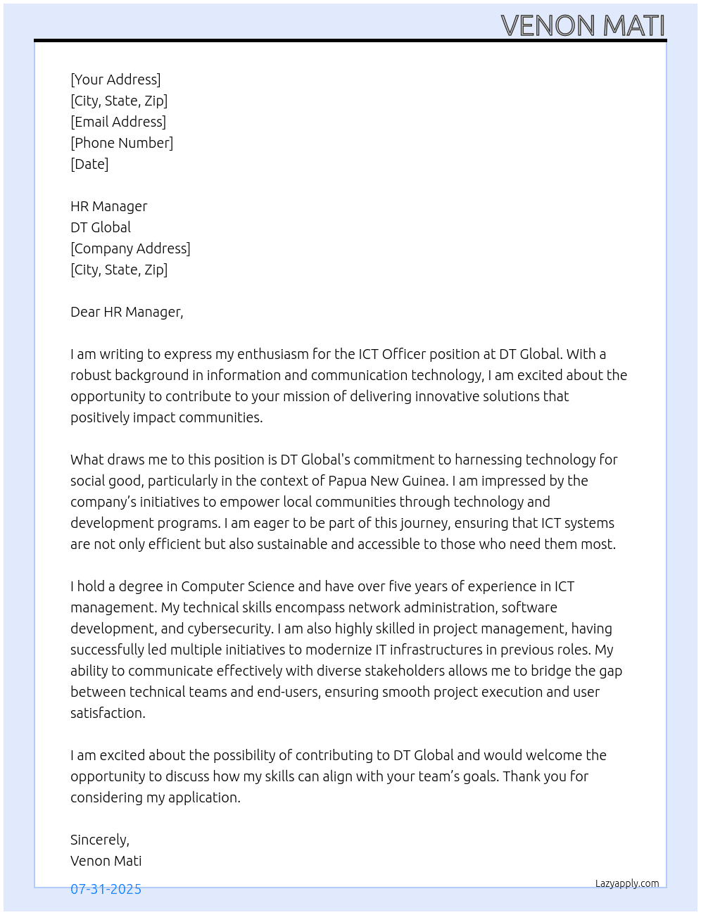 ICT Officer PNG At DT Global Cover Letter