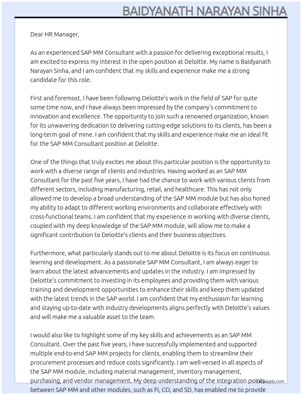 SAP MM Consultant At Deloitte Cover Letter