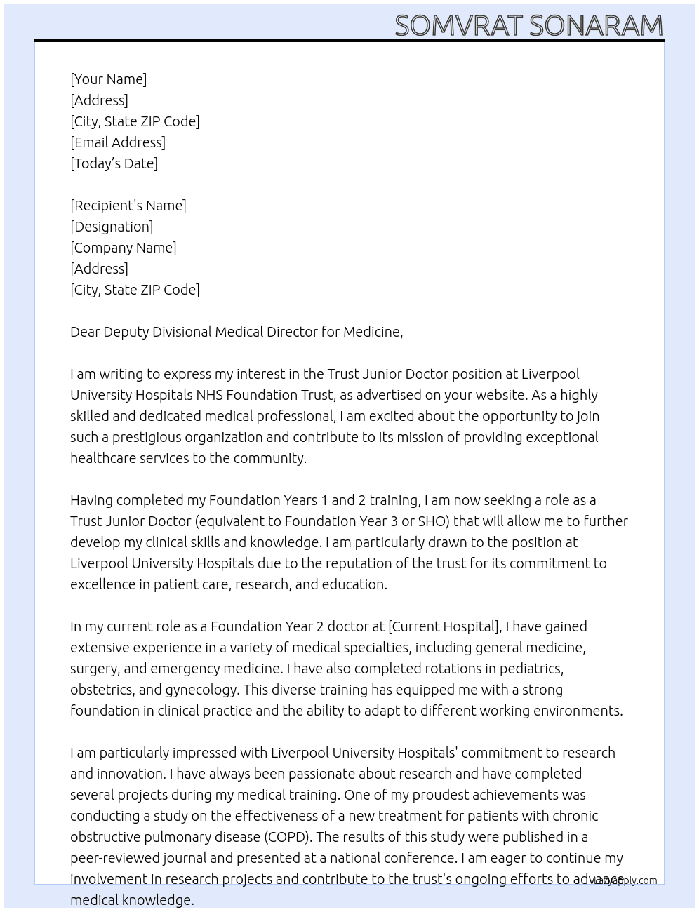 Trust Junior Doctor (equivalent to Foundation Year 3 or SHO) At Liverpool University Hospitals NHS Foundation Trust Cover Letter