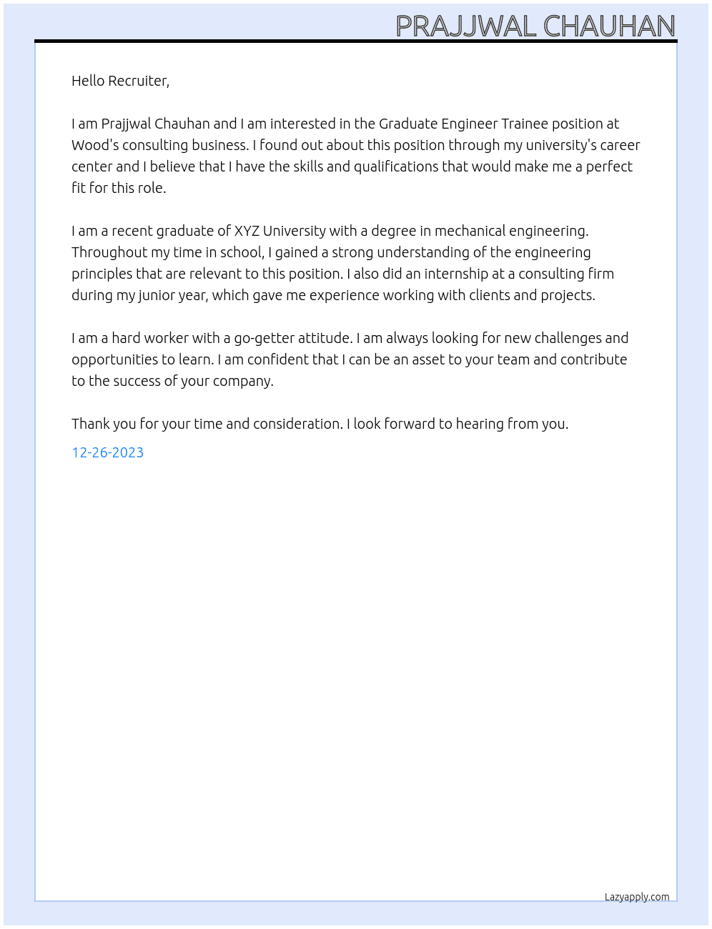 Graduate Engineer Trainee At Wood's consulting business Cover Letter