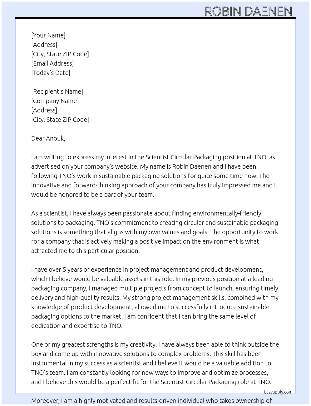 scientist circular packaging At TNO Cover Letter