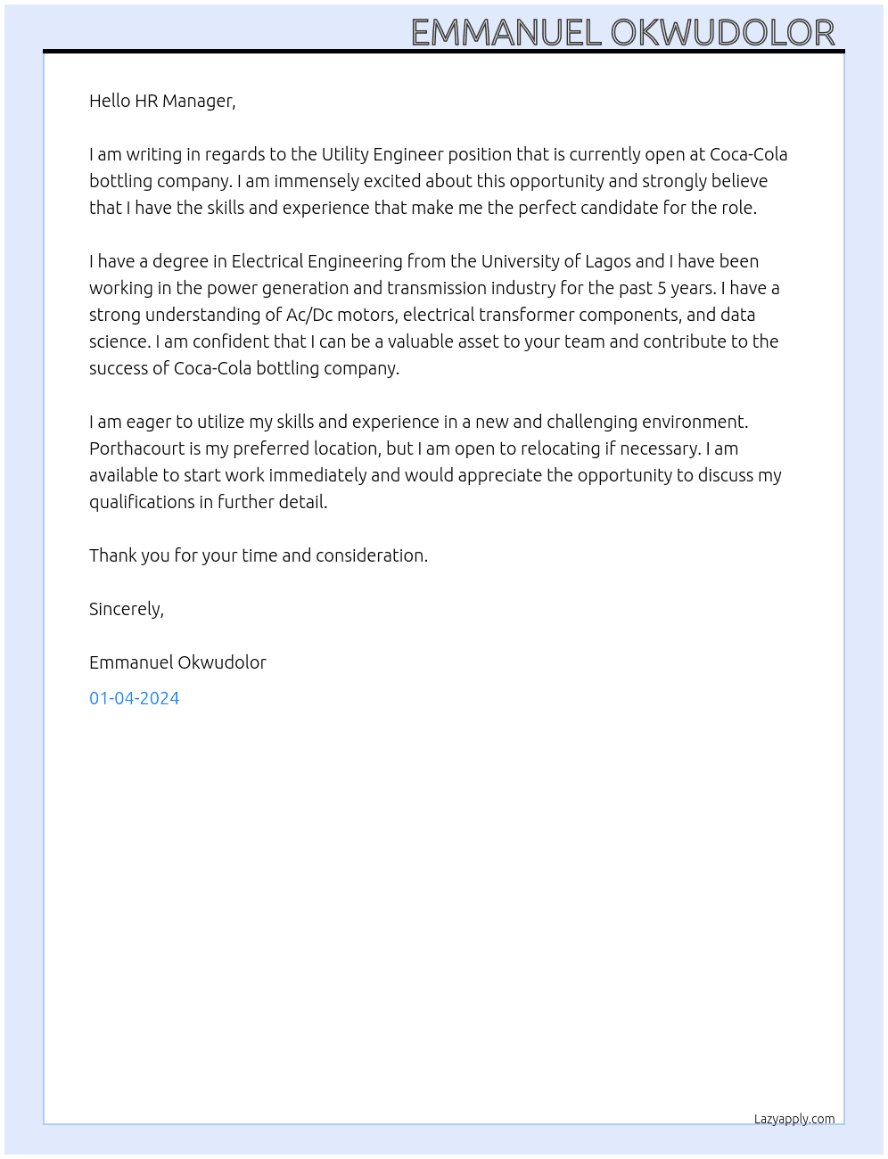 Utility Engineer  At Coca-Cola bottling company  Cover Letter