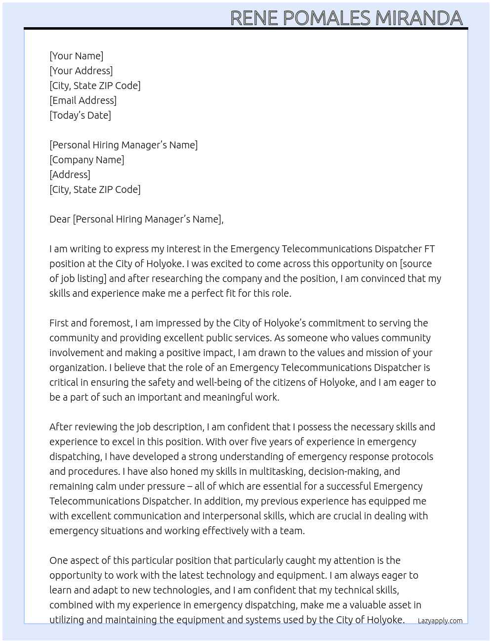 Emergency Telecommunications Dispatcher FT At City of Holyoke  Cover Letter
