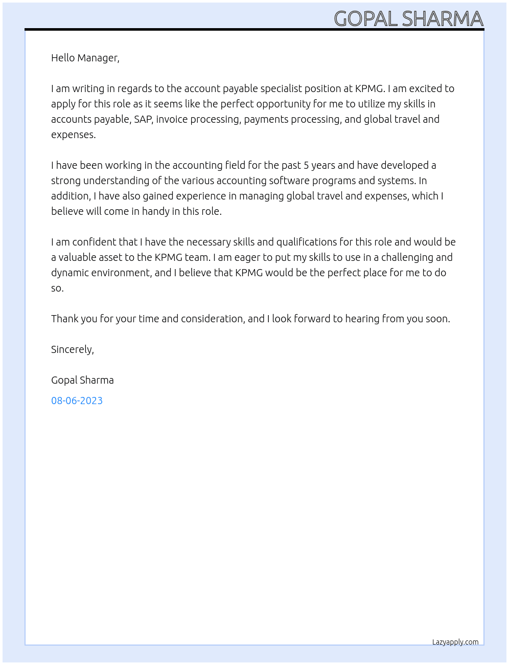 Account payable specialist At KPMG Cover Letter