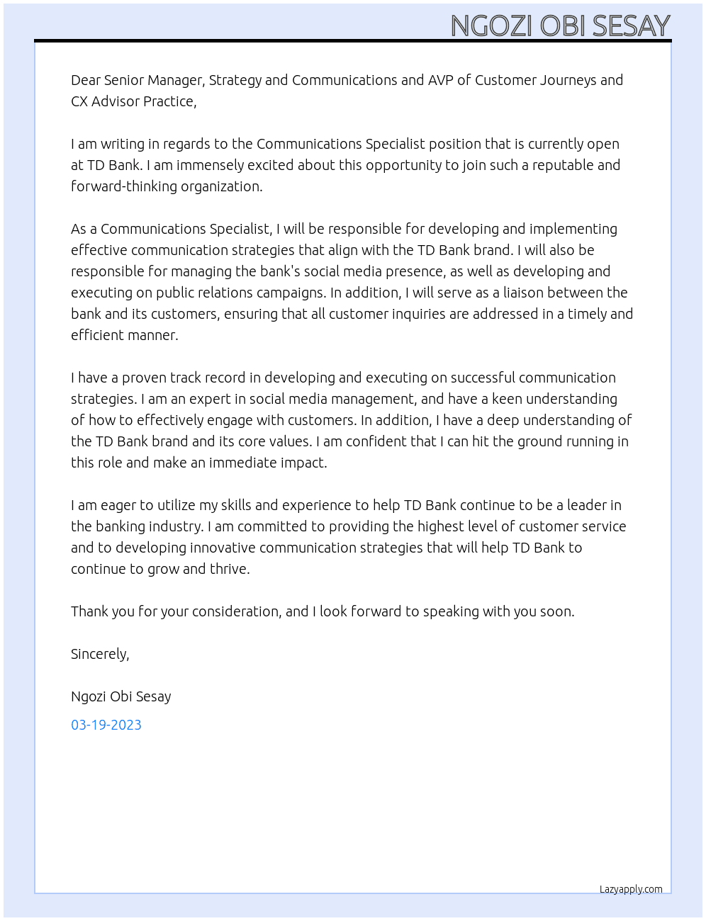 Communications Specialist  At TD Bank Cover Letter