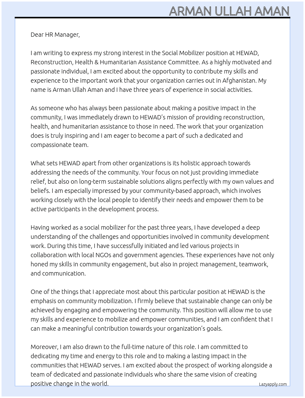 Social Mobilizer At HEWAD, Reconstruction, Health & Humanitarian Assistance Committee Cover Letter