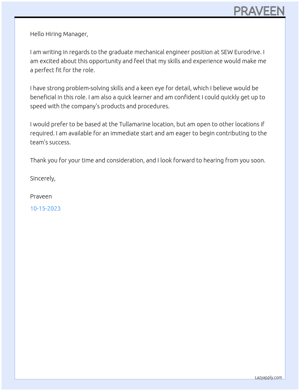 graduate mechanical engineer At SEW Eurodrive Cover Letter