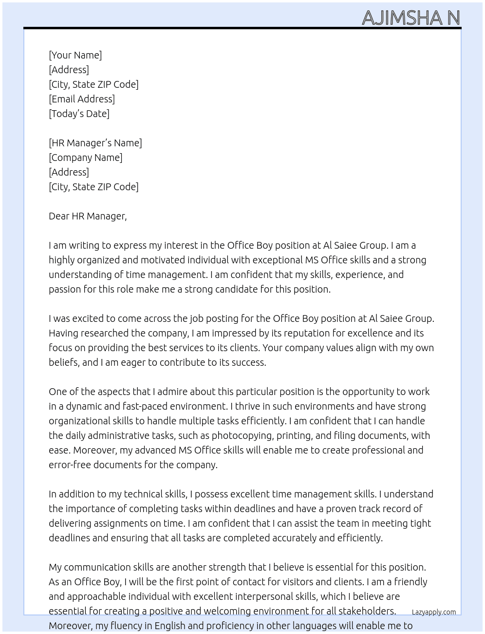 Office Boy  At Al Saiee Group Cover Letter