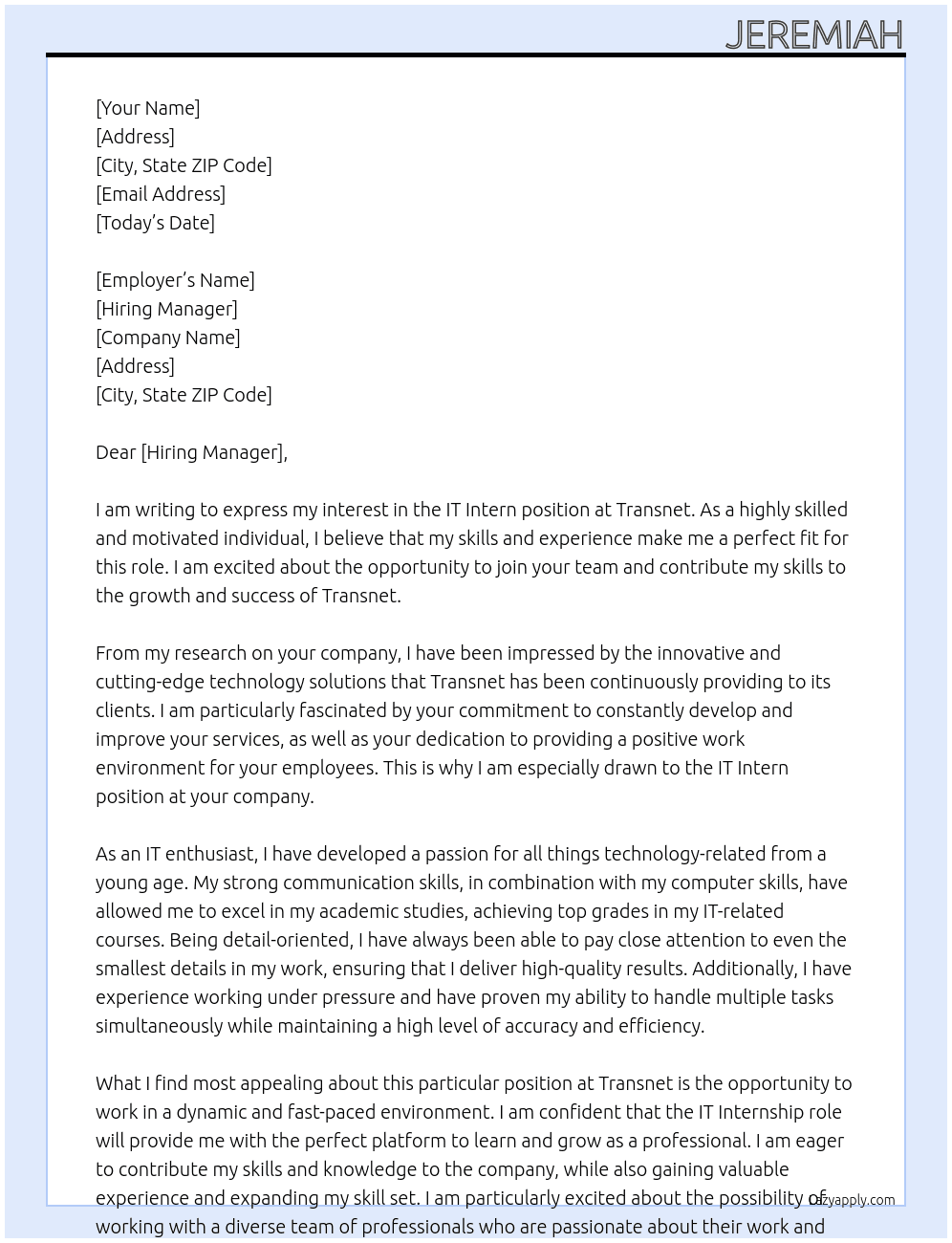 IT Intern At Transnet Cover Letter