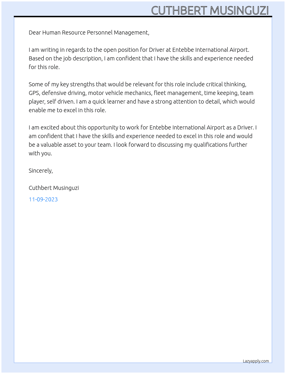 Driver  At Entebbe International Airport  Cover Letter