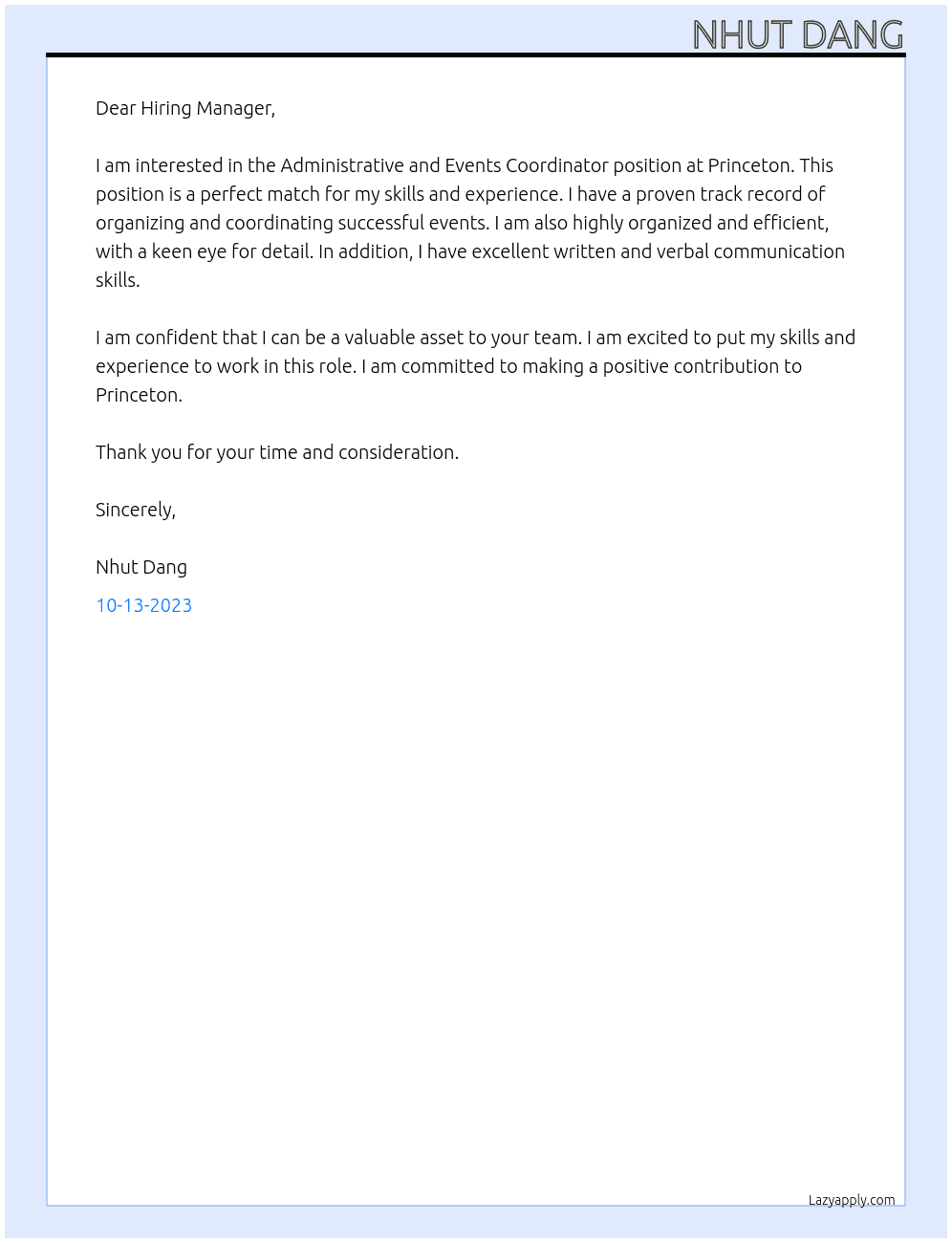 Administrative and Events Coordinator  At Princeton Cover Letter