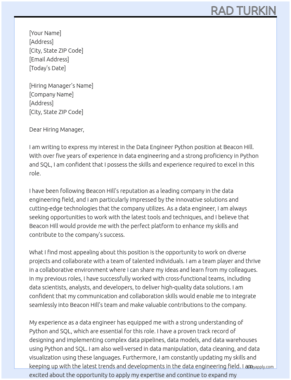 Data Engineer Python At Beacon Hill Cover Letter