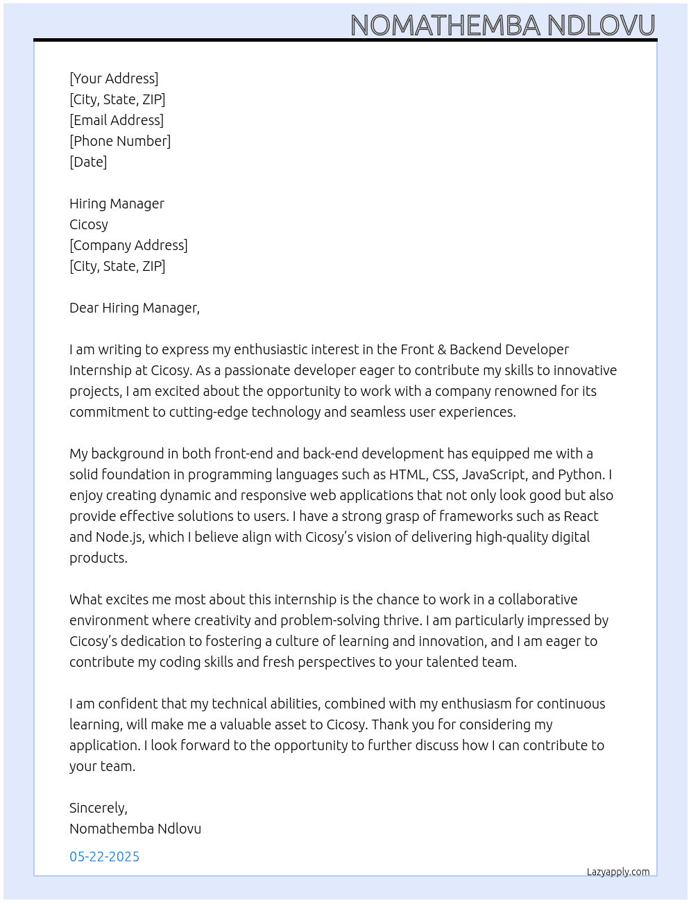 Front & Backend Developer Internship  At Cicosy Cover Letter