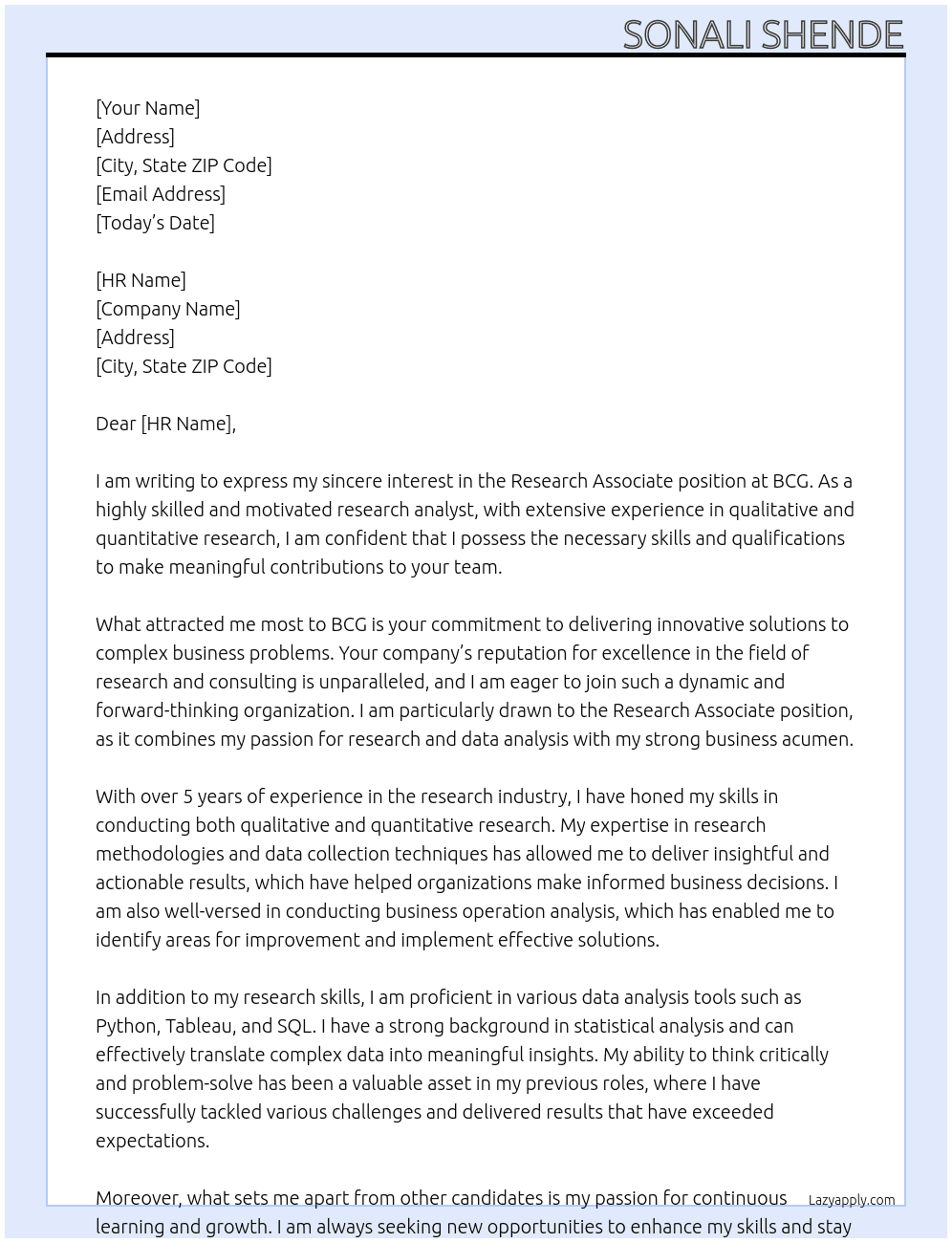 Research Associate  At BCG Cover Letter