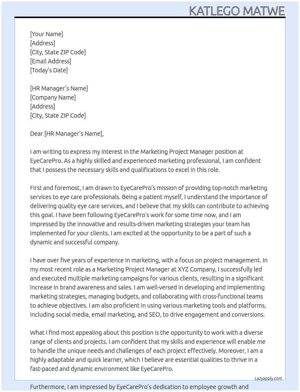 Marketing Project Manager At EyeCarePro Cover Letter
