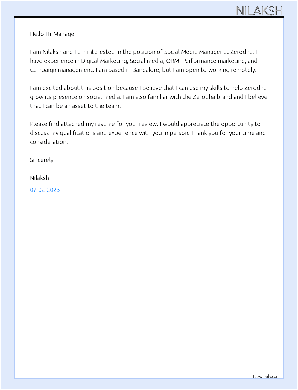 Social Media Manager At Zerodha Cover Letter