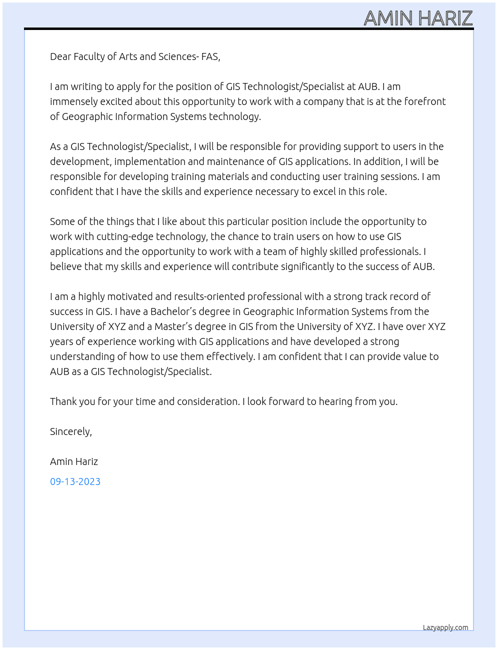 GIS Technologist/Specialist At AUB Cover Letter