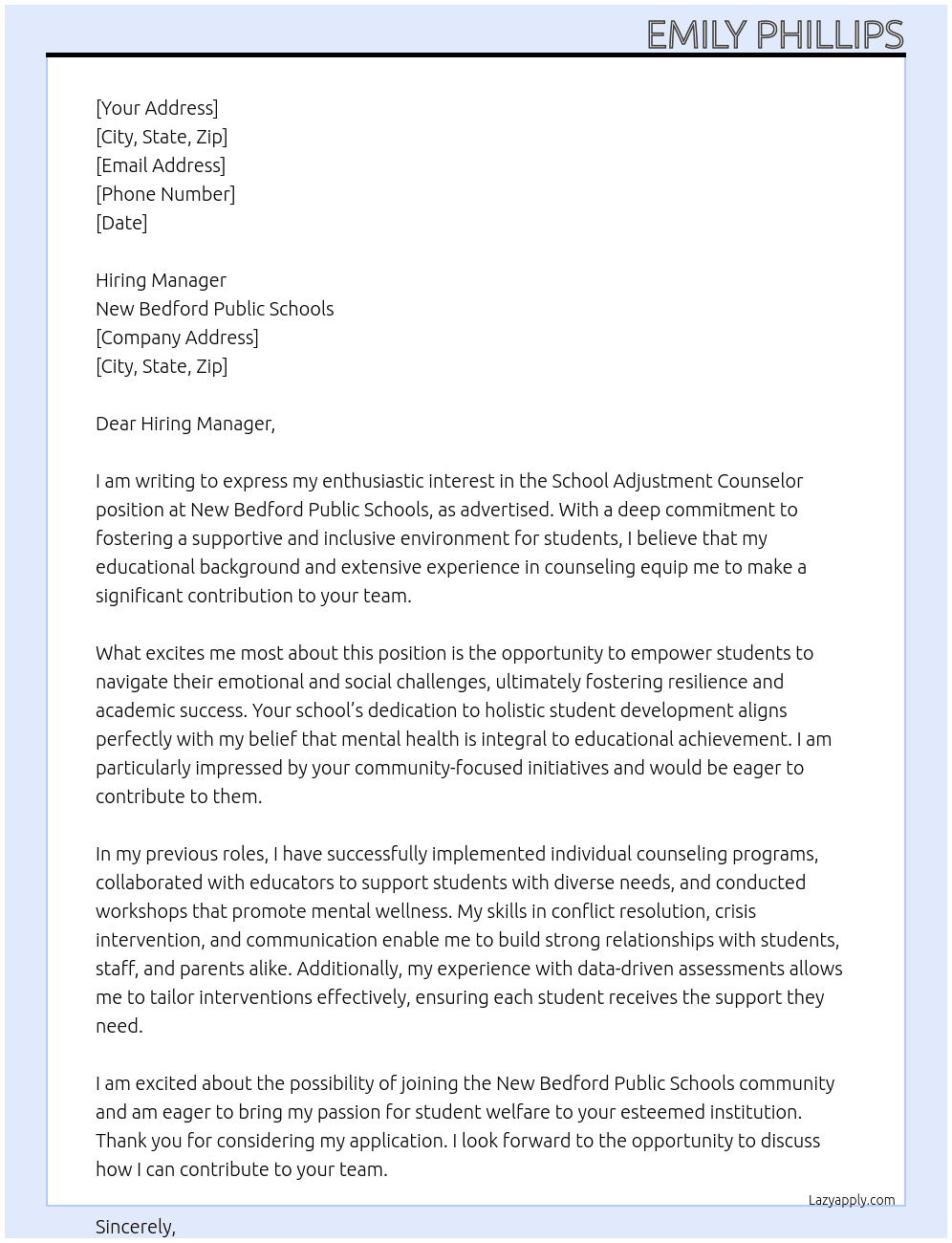 Cover letter for school adjustment counselor - LazyApply