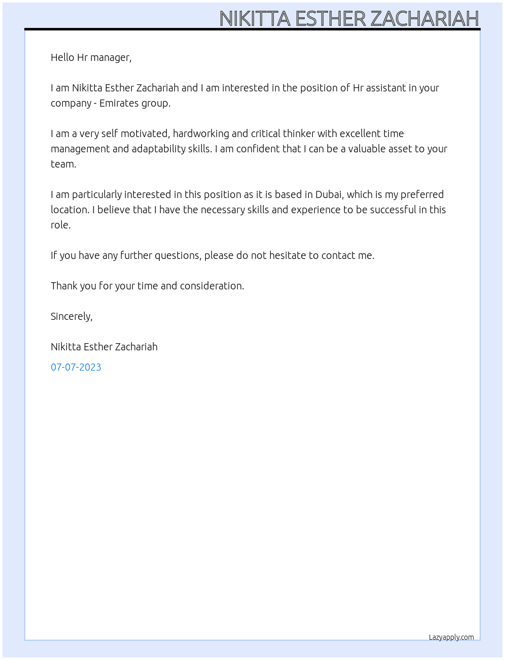 Hr assistant At Emirates group Cover Letter