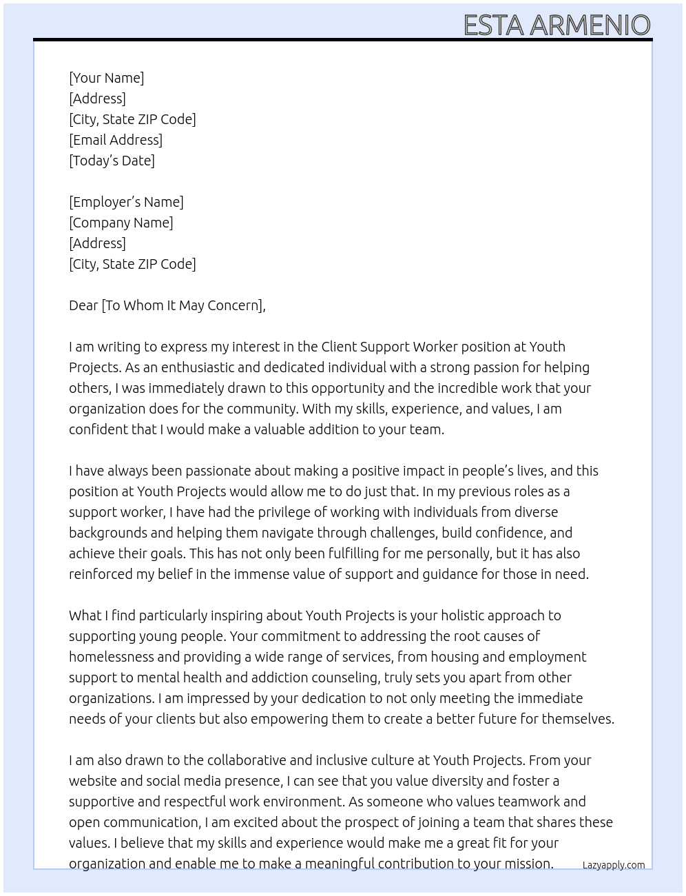 Client Support Worker At Youth Projects Cover Letter