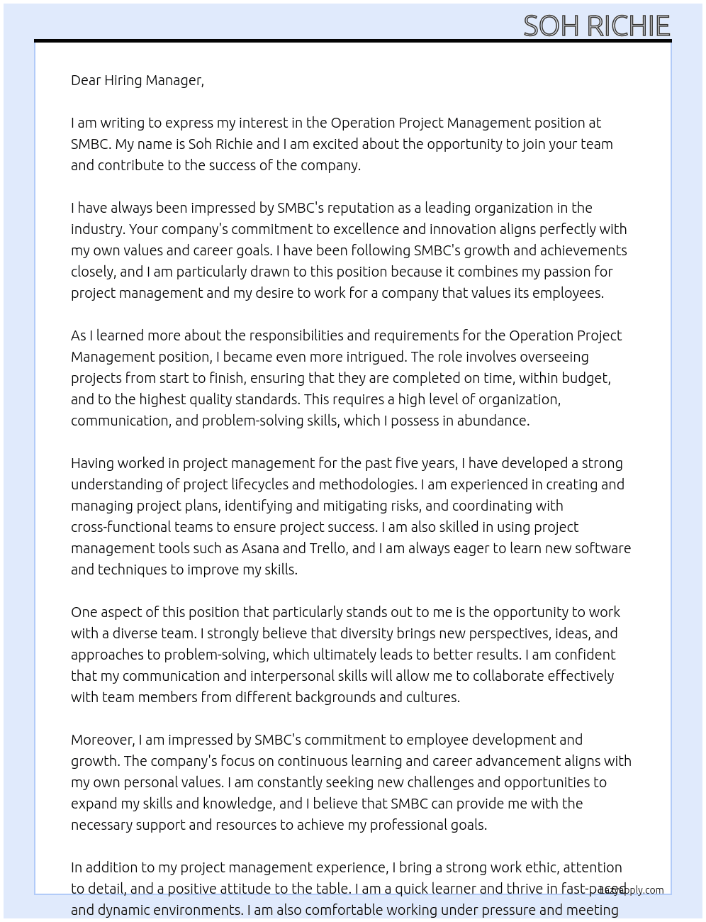 Operation Project Management At SMBC Cover Letter