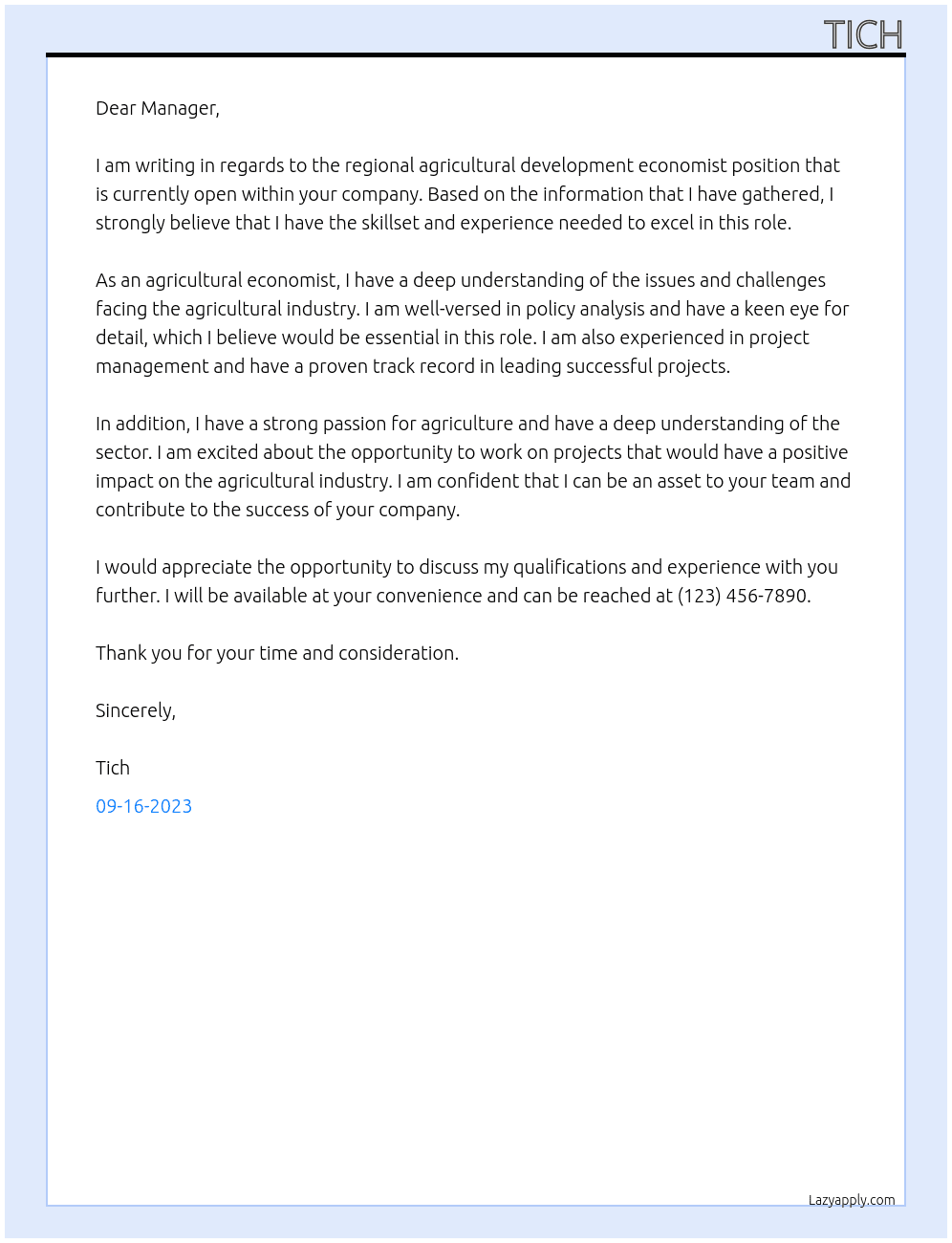 Regional agricutlural development economist At Department of agriculture  Cover Letter