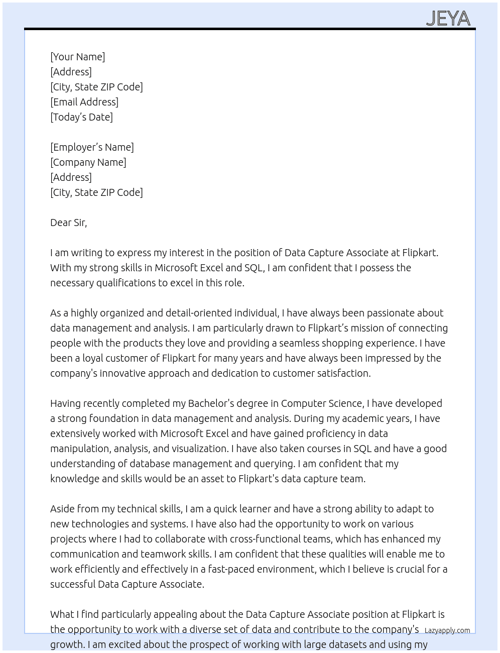 Data Capture Associate  At Flipkart  Cover Letter