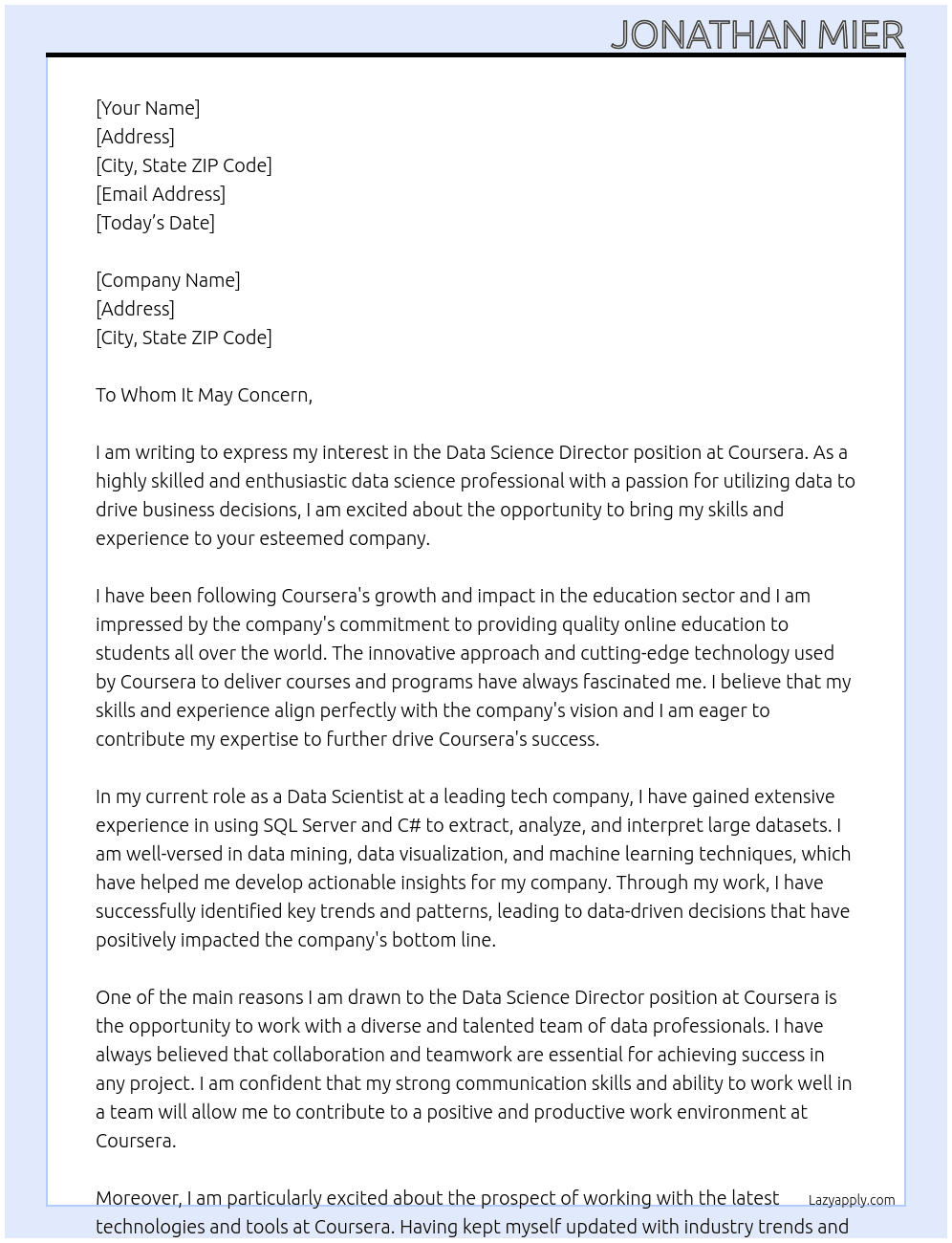 Cover letter for data science director - LazyApply