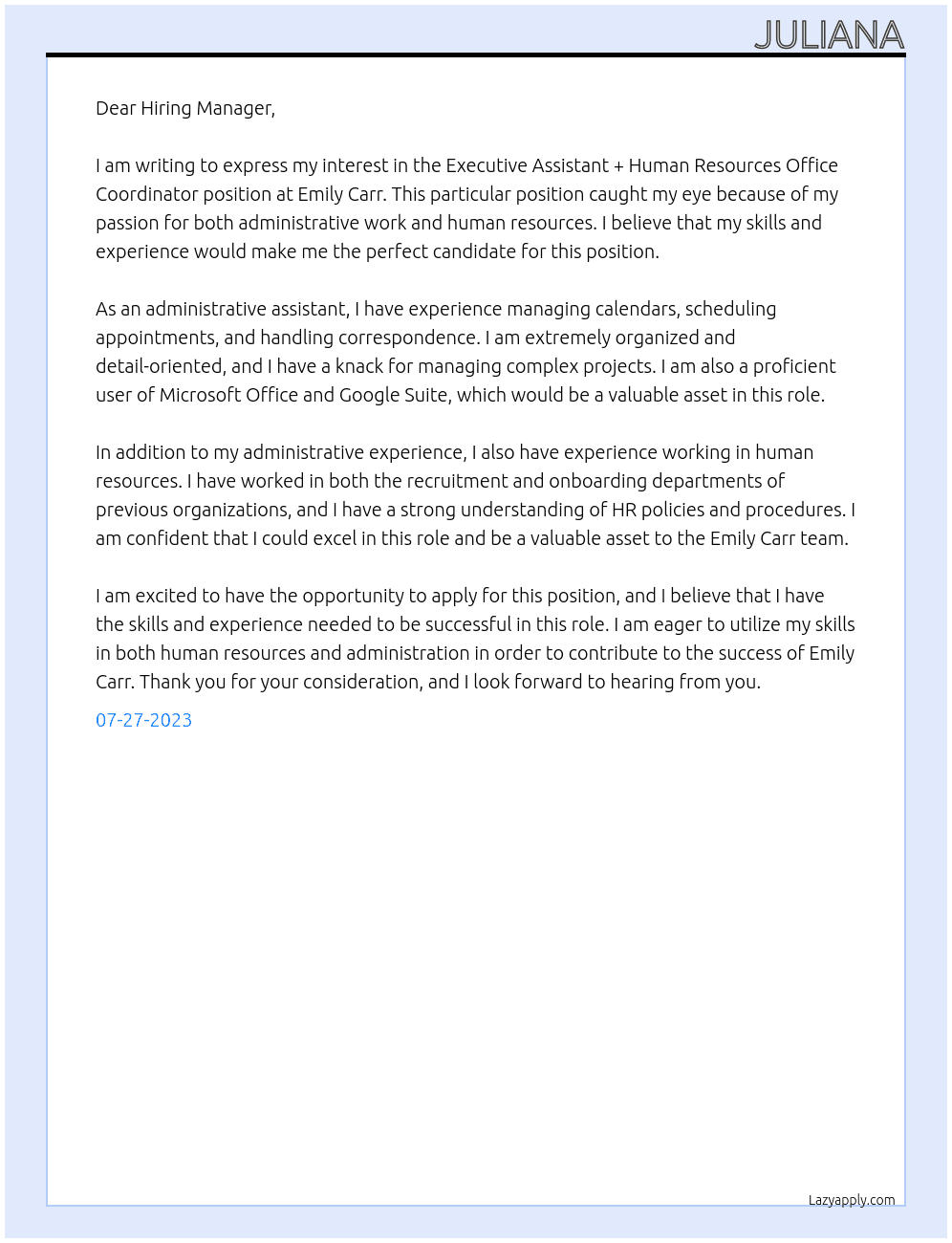 Executive Assistant + Human Resources Office Coordinator At Emily Carr Cover Letter