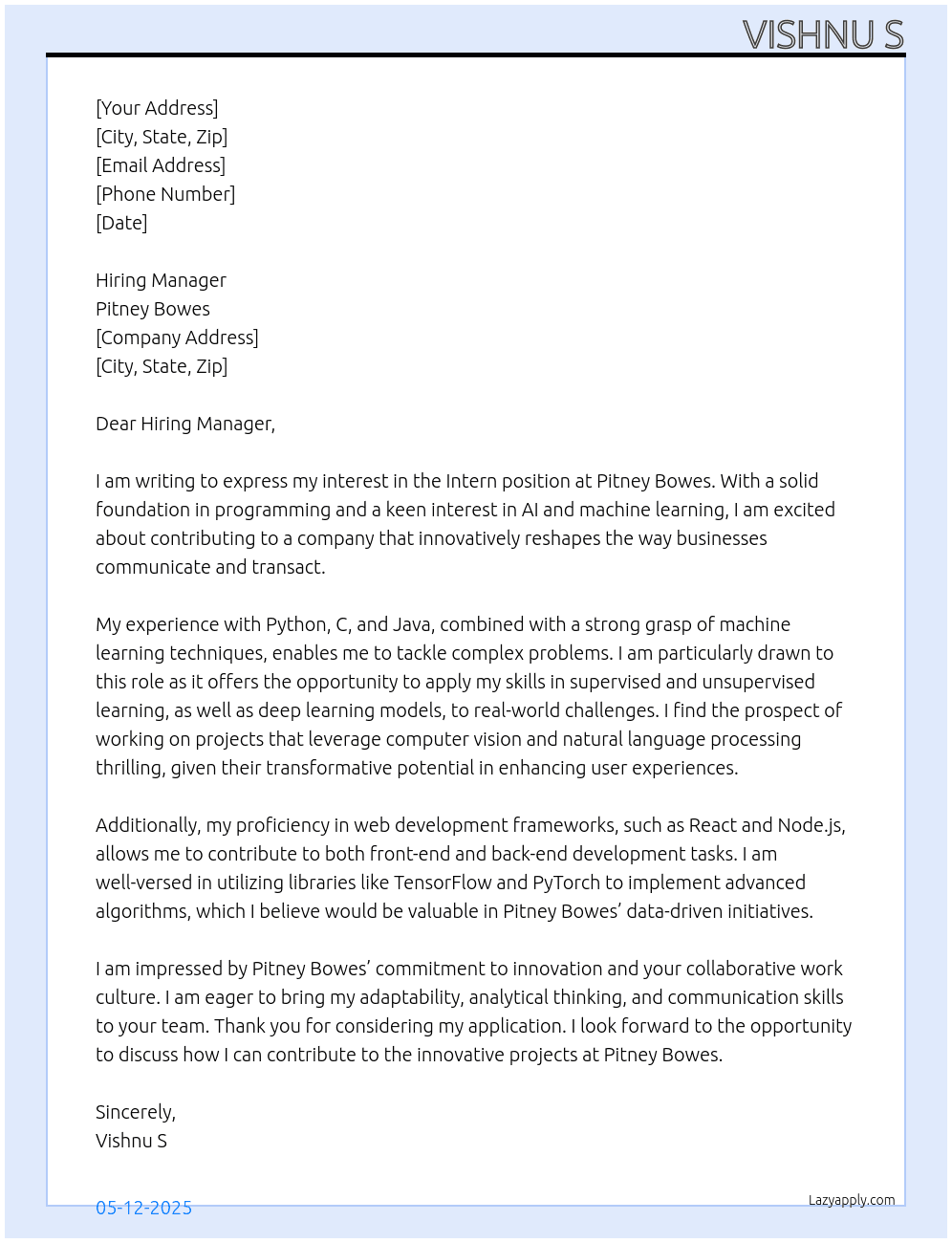Intern At Pitney Bowes Cover Letter
