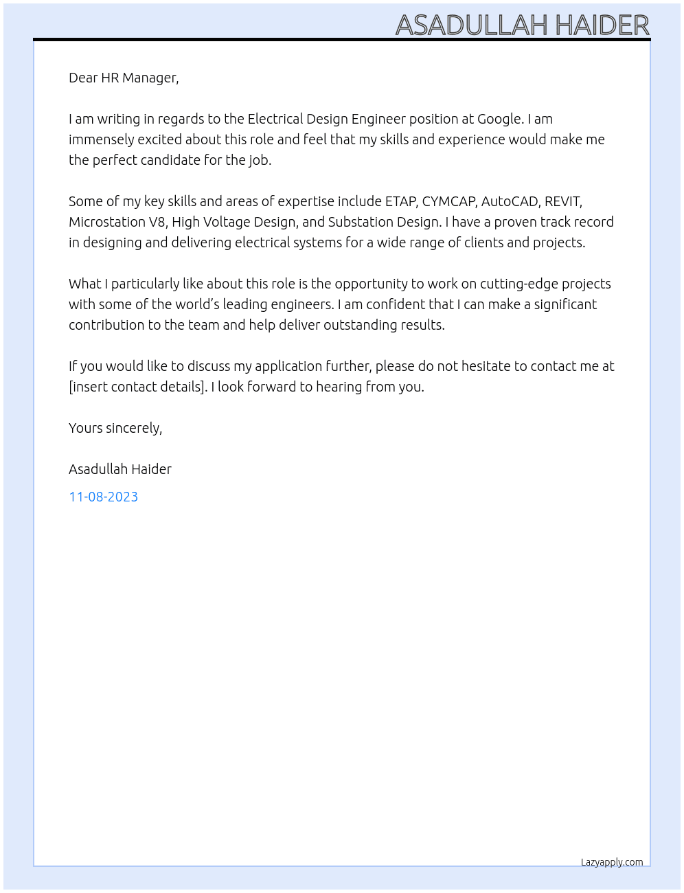 Electrical Design Engineer At Google Cover Letter