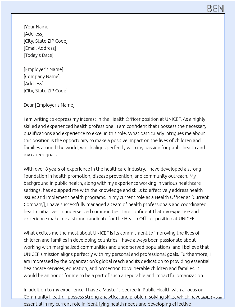 health officer  At unicef Cover Letter