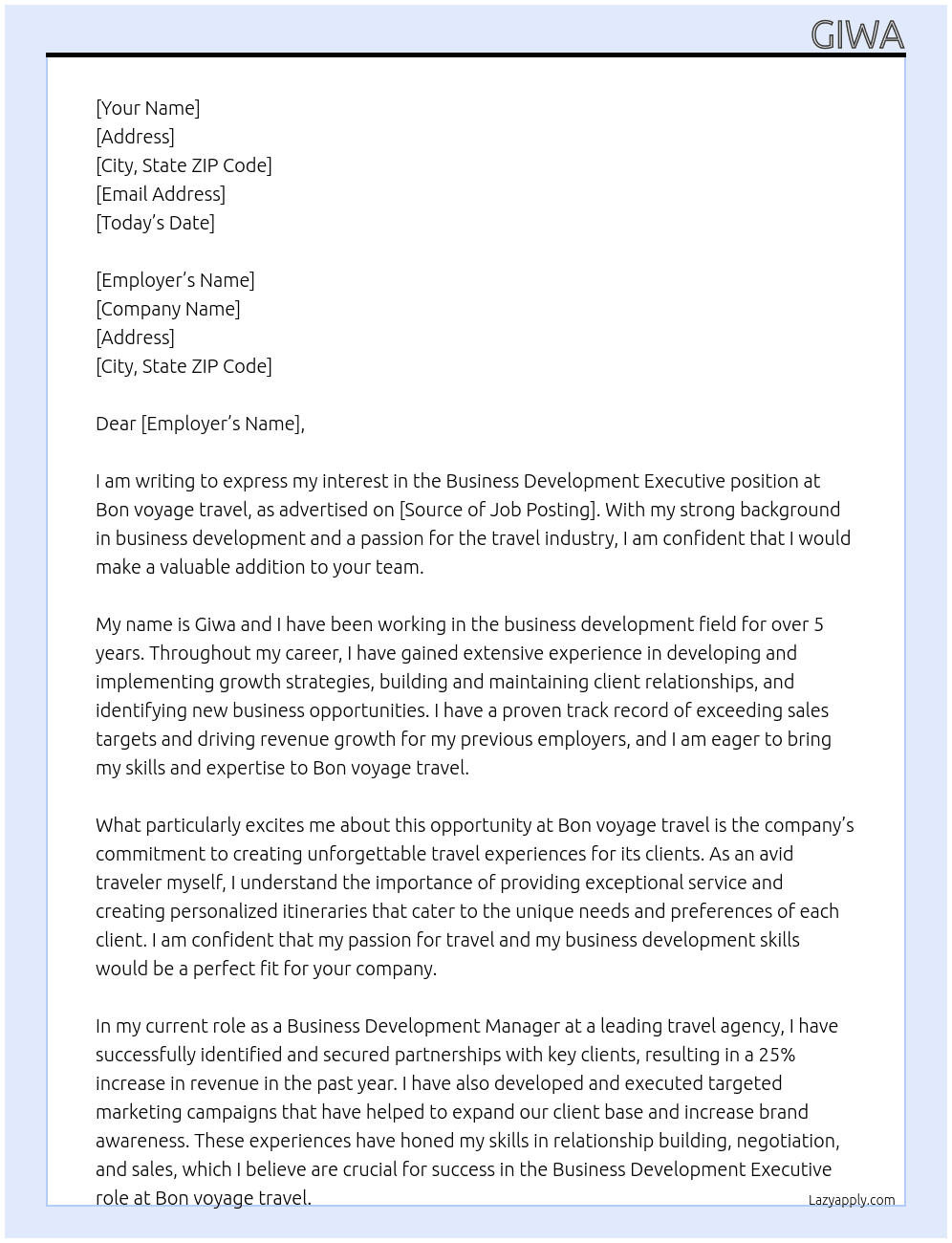 Business development executive At Bon voyage travel Cover Letter