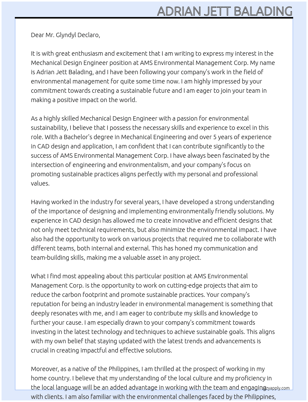 Mechanical Design Engineer At AMS Environmental Management Corp. Cover Letter