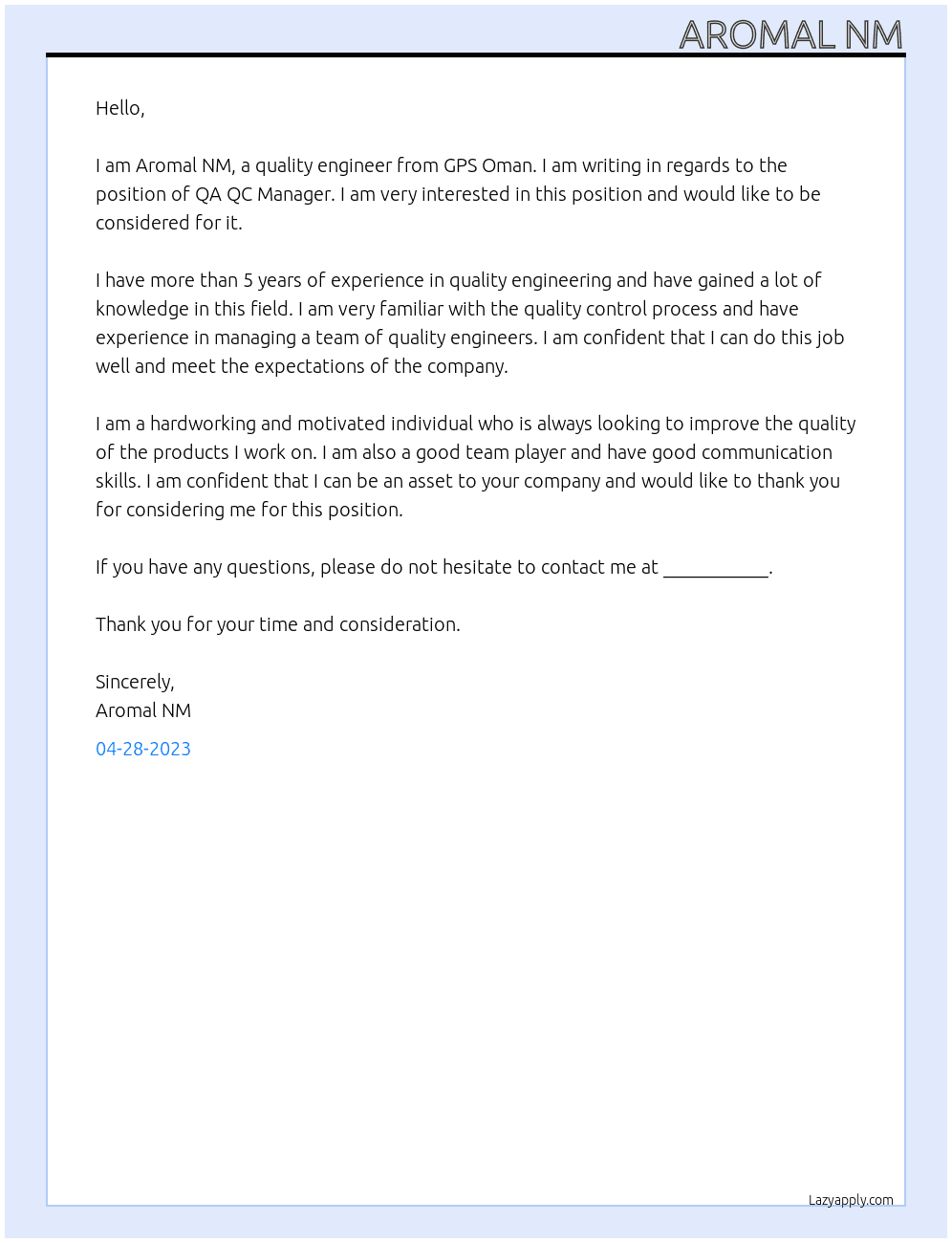 Quality engineer At GPS Oman Cover Letter