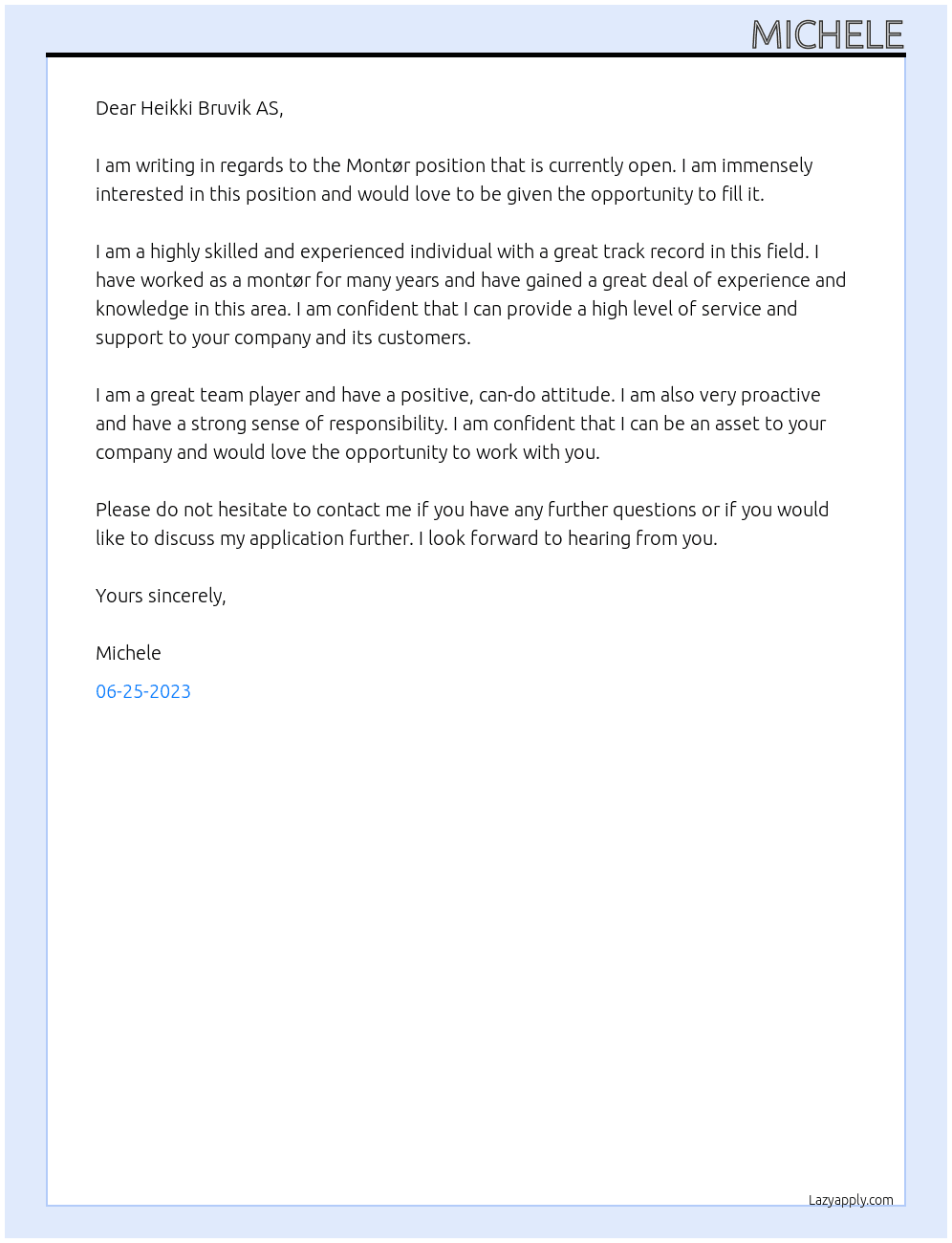 Montør At Heikki Bruvik AS Cover Letter