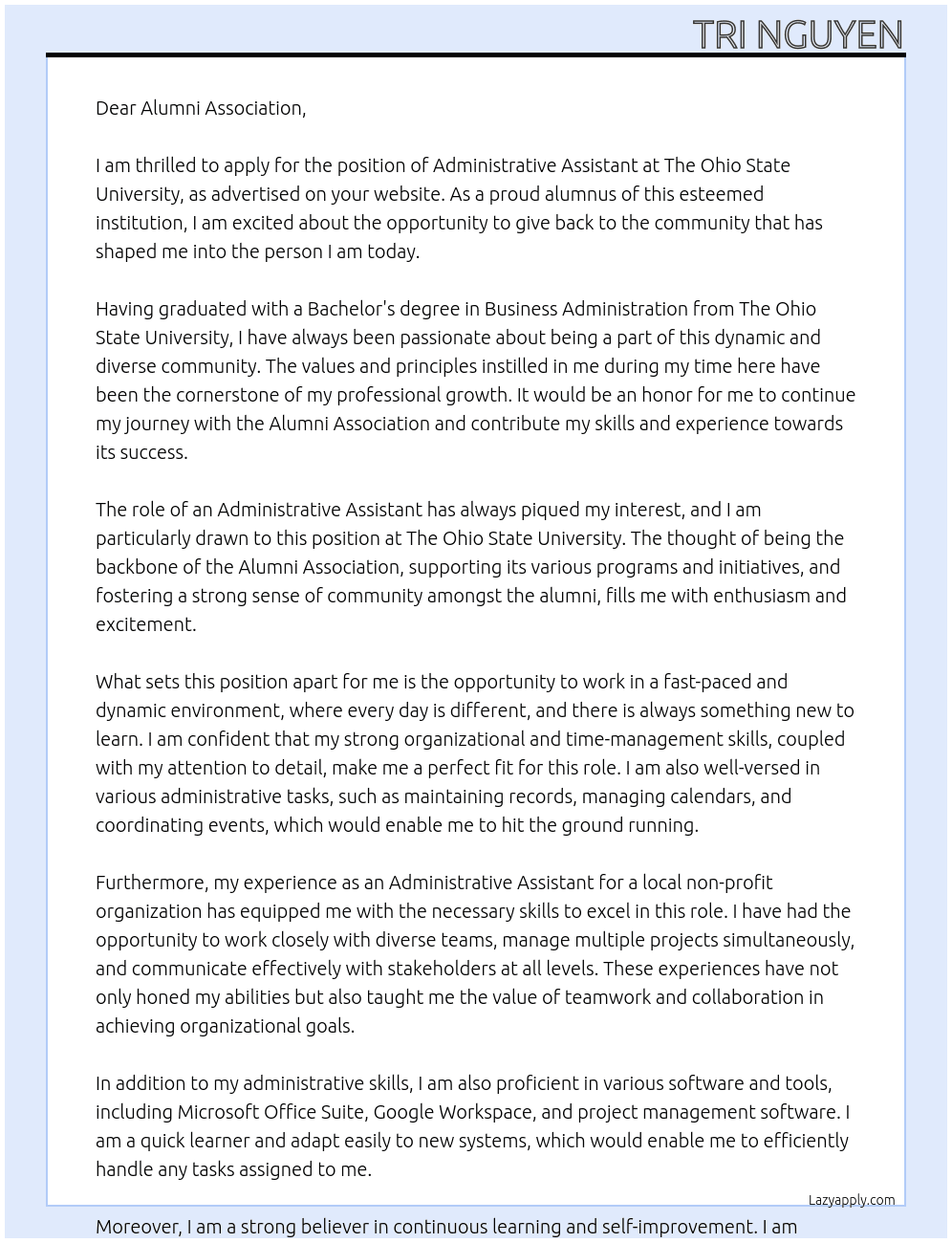 Administrative Assistant At The Ohio State University Cover Letter
