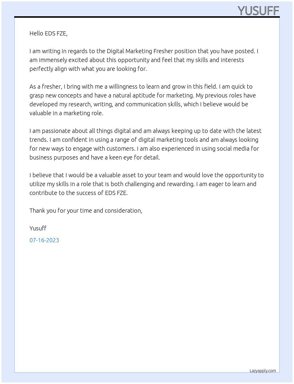 Digital Marketing Fresher At EDS FZE Cover Letter